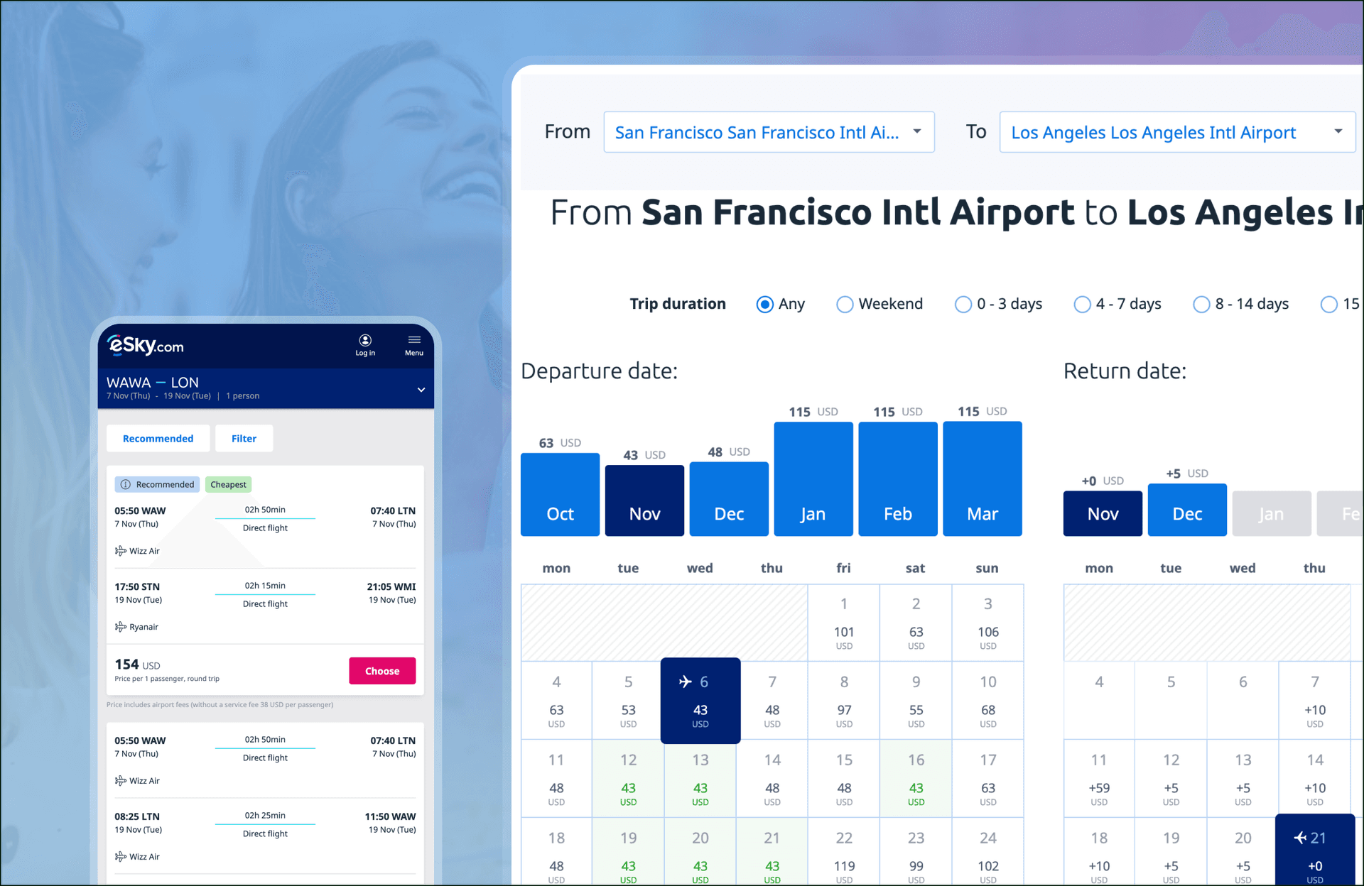 Flight booking page with information on routes and ticket prices