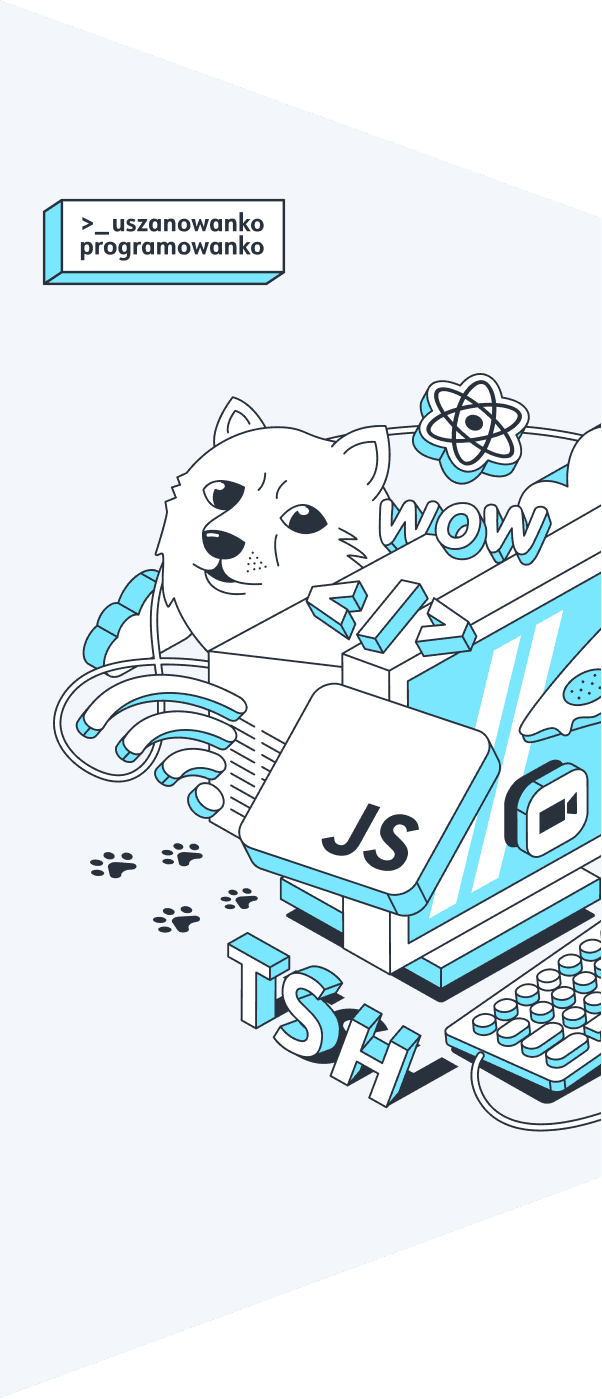 ‘Illustration with a dog in the background and the word ‘JS’ associated with programming