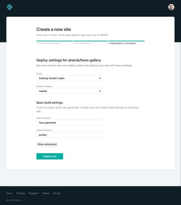 Creating/adding a new site to Netlify for deployment screenshot