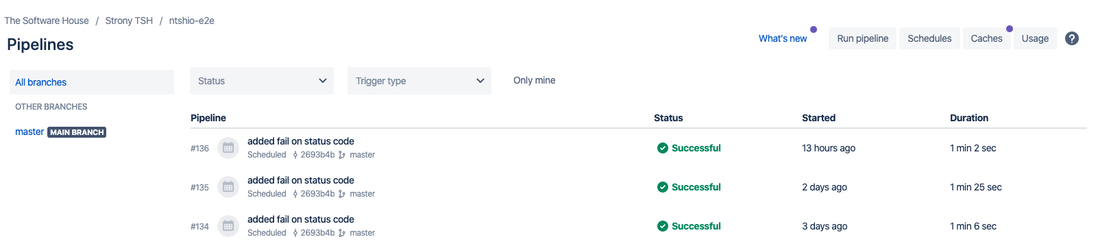 A screenshot with some examples of running Bitbucket Pipelines