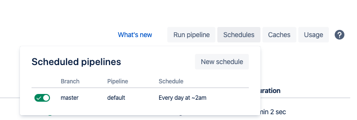 A screenshot of scheduled Bitbucket Pipelines