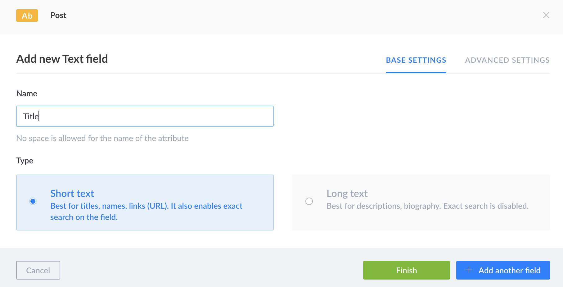 A screenshot of a screen with adding new text field in Node.js headless CMS – Strapi