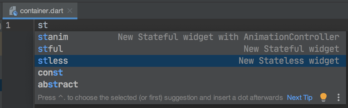 A screenshot of typing a new stateless widget in Flutter tutorial