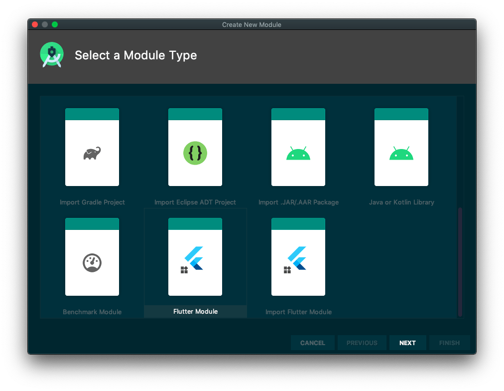Screenshot with selecting a module type