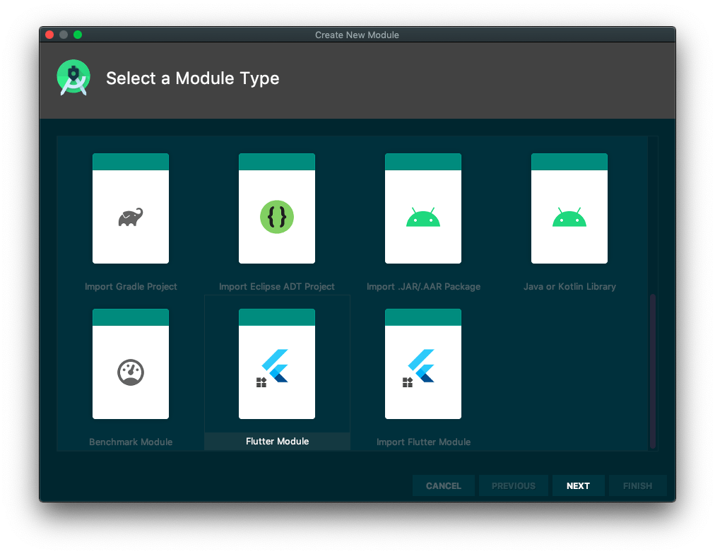 Screenshot with selecting a module type