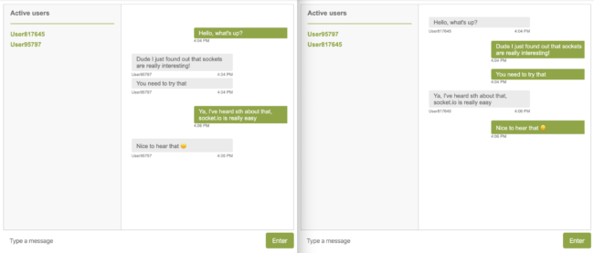 Socket.io tutorial screenshot showing an example of a simple chat app