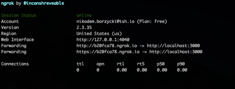 A screenshot from ngrok app showing session status