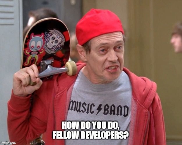 Steve Buscemi dressed like a teenager with caption: how do you do, fellow developers
