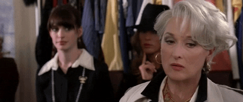 Meryl Streep as Miranda in Devil Wears Prada, pursuing her lips