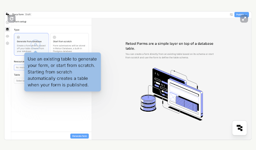 Image showing how developers can set up form builders and connect them with relevant databases by using Retool's Form module